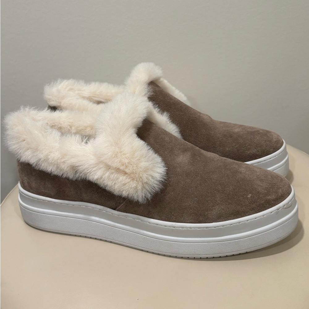 J/SLIDES Neel Taupe Faux Fur Suede Slip On Sneakers | Size 9